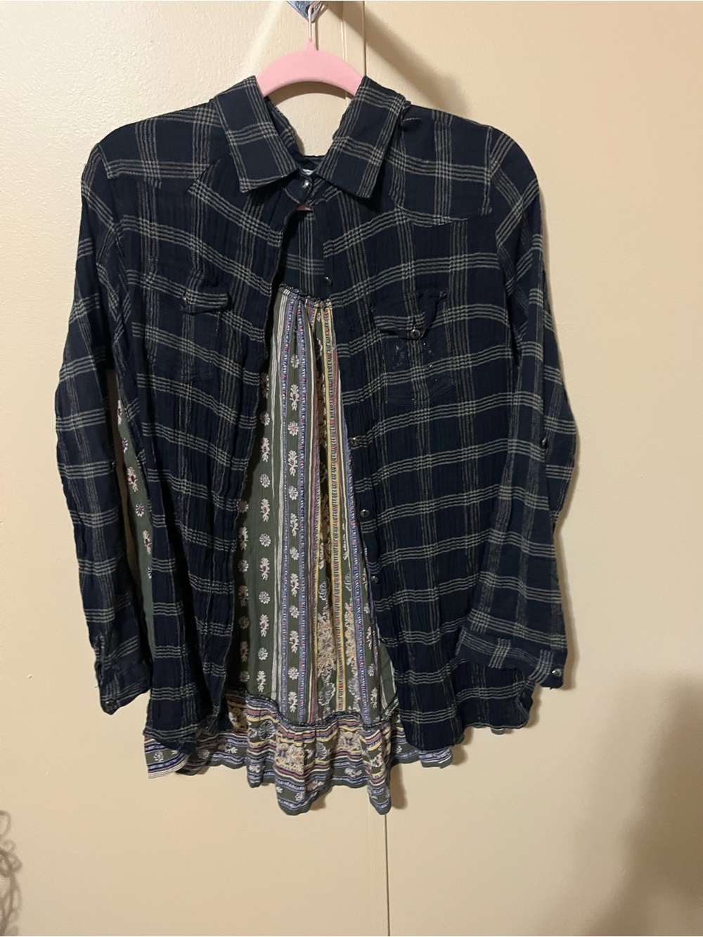 Layered Navy Plaid Button-Down Shirt with Floral Panel